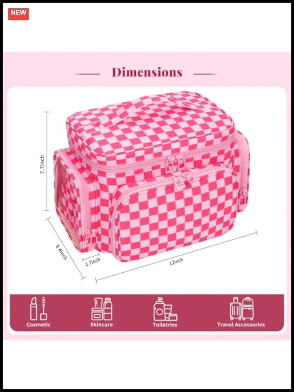 Large Checkered Makeup Bag with Brush Compartment & Pockets, Travel Cosmetic